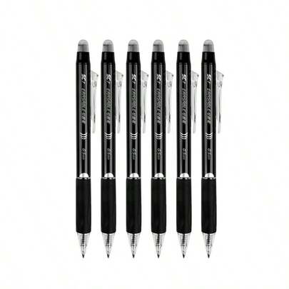 Bộ 6 bút bi có thể xóa, ngòi 0.5mm viết trơn tru, đầu tẩy bằng cao su, cầm nắm thoải mái, chống trượt, màu đen và xanh dương, văn phòng phẩm thiết thực cho học sinh viết và sửa lỗi.