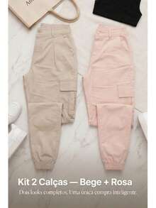 Stillger Moda Jeans Kit 2 Women's Cargo Jeans Jogger High Waist Butt Lifting Premium Pants With Lycra Side Pockets - 米色和粉紅色 - 查看 4