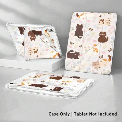 亚克力水晶彩绘平板电脑保护套，带支架，饰有猫咪、蝴蝶、花卉图案，兼容三星A11/A11+/S11以及其他热门苹果、荣耀等机型。可折叠防弯折，硅胶加固边角，自动唤醒/睡眠功能，内置笔槽，多角度可调节支架——完美日常保护，节日理想礼物。