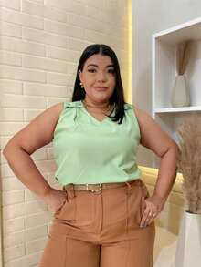 Plain Tank Top, Sleeveless Blouse, Plain Crepe Fabric, With 4 Buttons, Plus Size G1G2G3 46-52, Casual Women's - 62-酪梨綠 - 查看 4