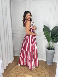 15 Striped All-Over Print Fabric Gathered Hem With Ruffle Wedding Dresses - Redwood - View 3