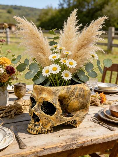 抽象骷髅花盆，创意恐怖雕塑花瓶，可定制，骷髅艺术树脂花瓶，桌面家居装饰，客厅装饰礼品花瓶，万圣节哥特式房间装饰，花瓶，花盆，餐桌摆件，植物盆，花蕾花瓶，万圣节装饰，秋季装饰