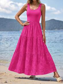 Women Summer Sleeveless High Waist Patchwork Eyelet A-Line Flowy Tiered Long Maxi Dress Spring Vacation Holiday Beach Wedding Guest Dress Outfits - 玫紅色 - 查看 3