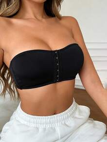 Strapless Front Closure Invisible Strap Camisole Seamless Supportive Bra, Sexy Cropped Top, Women's Lingerie, Summer Outfit, Suitable For Wedding & Intimate Occasions - Black - View 7