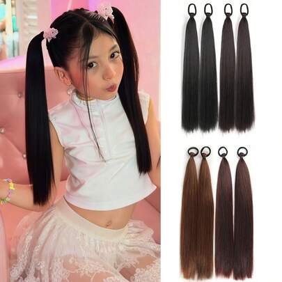 Tóc nối dài thẳng kiểu đuôi ngựa đôi, chất liệu tổng hợp, màu nâu đen, có dây chun, thích hợp cho bé gái và trẻ em sử dụng hàng ngày và trong các dịp lễ.