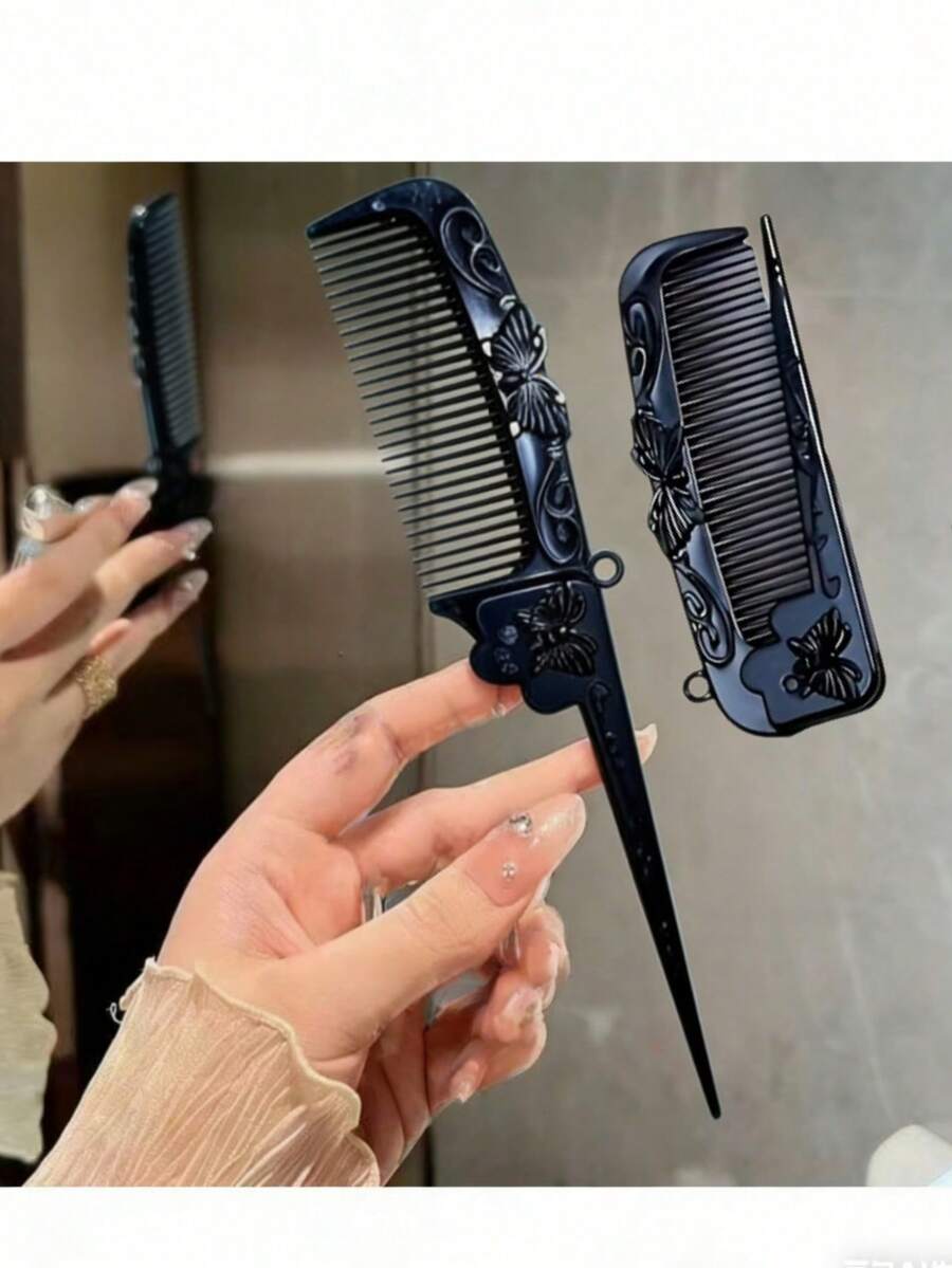Pente dobrável com estampa de borboleta preta - Escova de cabelo portátil e dobrável com ponta fina, ideal para pentear e estilizar com precisão, ferramenta de cabeleireiro durável para uso diário e em viagens a negócios.