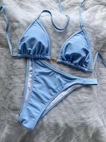 Ladies' Shell Metal Buckle Pure Blue Triangular Cup Bikini Two Pieces Set, Summer Beach Vacation Party Fashionable, Elegant And Casual Swimsuit Set - Mint Blue - View 5