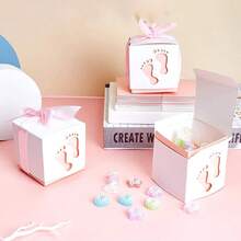 25 hộp quà tặng tiệc tiết lộ giới tính em bé, thiết kế hình dấu chân, màu hồng, xanh dương, xanh lá cây kèm ruy băng. - A - Xem 3