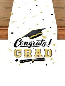 1件毕业庆祝派对桌布，白色和金色，祝贺毕业，黑白毕业帽图案桌旗，2026毕业季桌布桌面装饰，2026毕业派对餐厅餐桌装饰，家居装饰，毕业派对用品，毕业主题桌旗，派对礼物，摄影道具。 - 黑色 - 查看 4