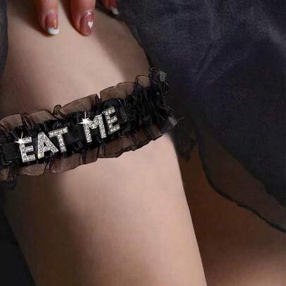 1pc European And American New Sexy Rhinestone Lace Shiny Letter Elastic Thigh Garter, Letter Print Punk Style Thigh Chain, Thigh Jewelry, Body Chain Lingerie Accessory, Suitable For Halloween, Christmas, Valentine''s Day Party