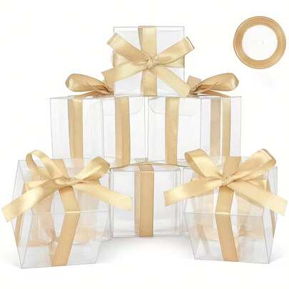 50/20pcs Transparent Gift Boxes With Gold Ribbon, Suitable For Weddings, Baby Showers, Bridal Showers And Other Occasions. Transparent Plastic Gift Boxes With Gold Ribbon For Gift Packaging, Party Favors, Small Business Appreciation Gifts, Wedding Favors, Birthday Decorations