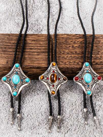 单件式十字架吊坠项链，仿绿松石，前卫酷炫设计，独特绳链，适合女性日常佩戴