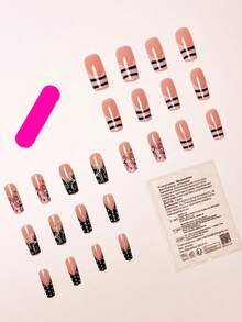 用这款24片/套的Y2K可爱风格长方形全覆盖式美甲贴片，让你的指甲焕然一新！这款美甲贴片包含粉黑条纹、波点、极简线条和花卉图案，非常适合女孩/女士日常佩戴，也适合音乐节和派对等场合。 - 彩色 - 查看 3