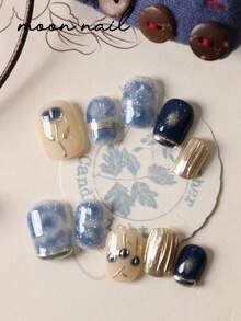 10pcs Press On Nails Blue Blending Black Golden Rose Nails Press On Nail Supplies Short Nails Fake Nails Artificial Nails Kit Includes 1sheet Adhesive Tabs &1 Pc Mini File - Multicolor - View 1