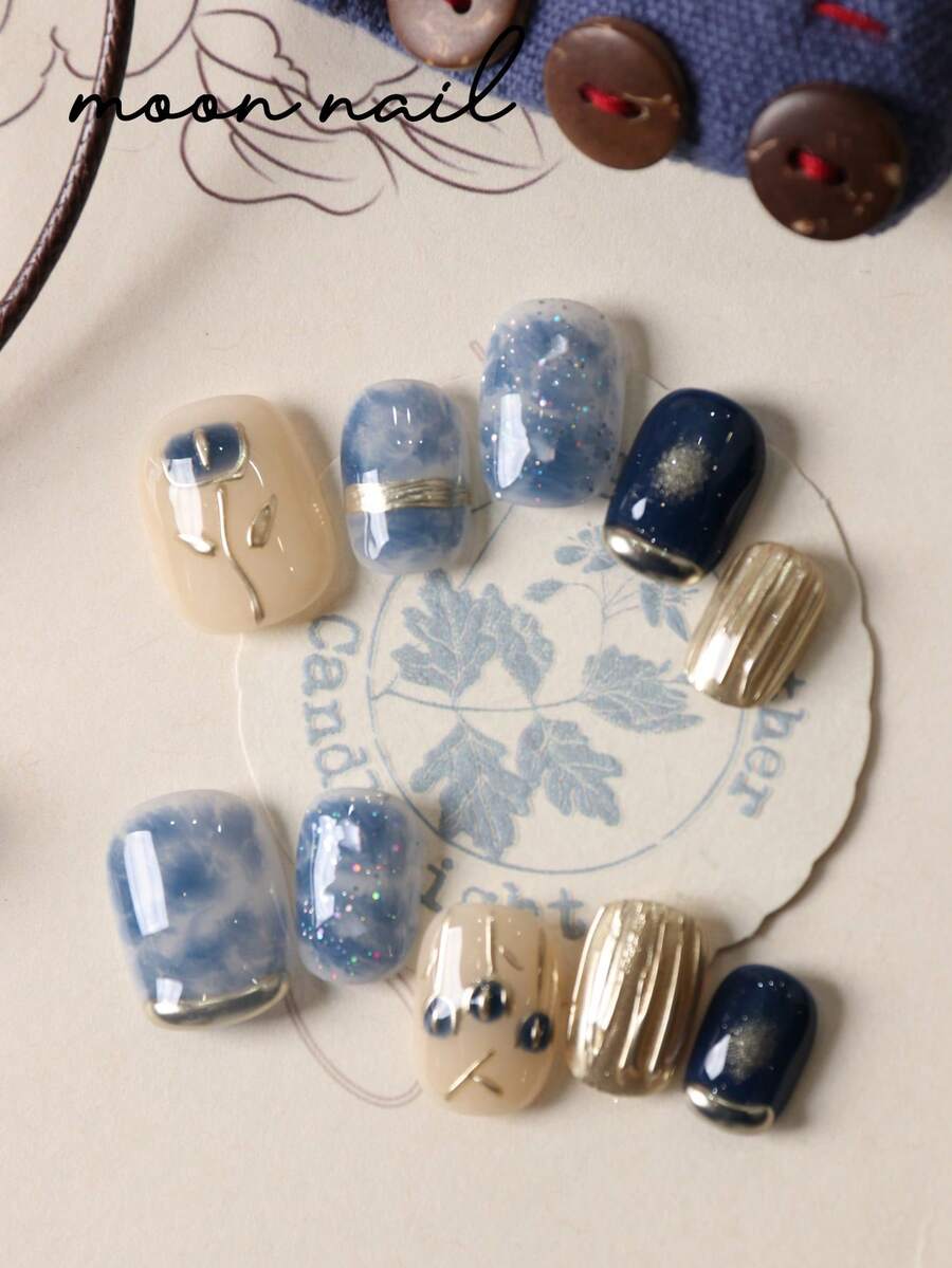 10pcs Press On Nails Blue Blending Black Golden Rose Nails Press On Nail Supplies Short Nails Fake Nails Artificial Nails Kit Includes 1sheet Adhesive Tabs &1 Pc Mini File - Multicolor - View 1