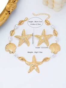 Set Kalung & Anting Liontin Bintang Laut, Mutiara, Kerang, dan Kepiting Gaya Laut 3pcs/Set, Cocok untuk Pakaian Sehari-hari & Liburan Wanita - Yellow Gold - View 4