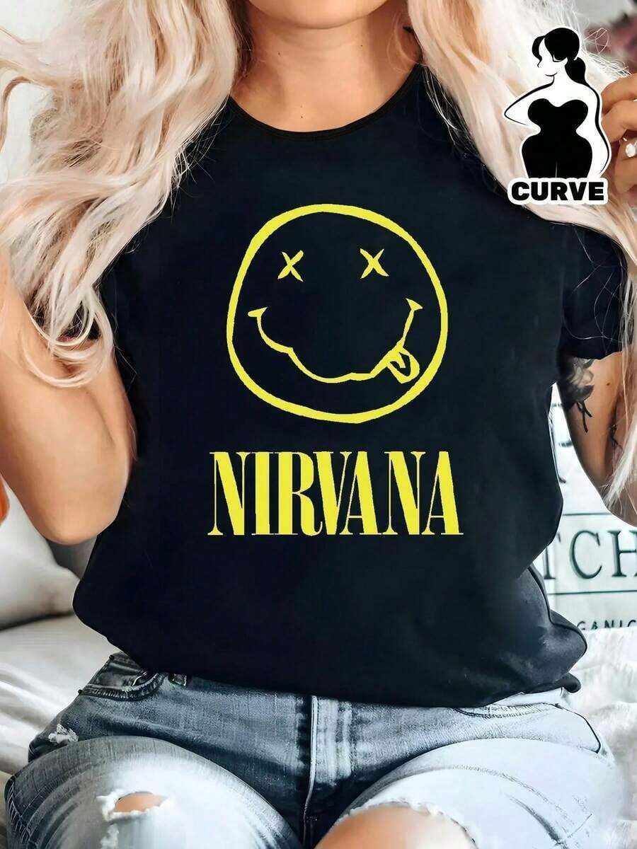 Camiseta casual de moda con diseño icónico sonreír estilo vintage para mujer ideal para ocasiones informales o conciertos en talla grande color negro categoría música alternativa rock llamativo estilo juvenil goma flexible. - Negro - Ver 1