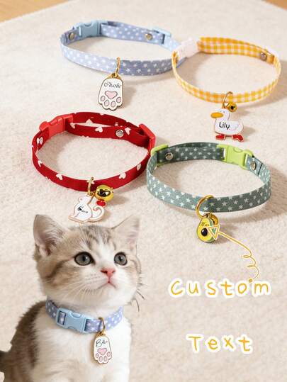 1pc Personalized Cat/Dog Collar With Stainless Steel Cute Pendant, Adjustable Nylon Collar In Multiple Colors, Featuring Paw Print Reflective Plate, Bell And Customized ID Tag. Ideal As Birthday Gift, Housewarming Gift, For Pet Lovers, Family And Friends.