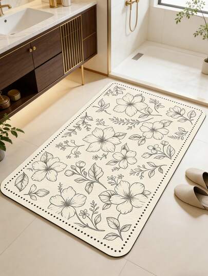 1pc Artistic Line Drawing Floral Soft Diatomite Bath Mat, Bathroom Floor Mat, Super Absorbent Anti-Slip Quick Dry, Machine Washable, Lightweight Soft, Suitable For Living Room, Bedroom, Study, Foyer, Dining Room, Laundry Room, Shower, Bathtub, Floor Decoration, Personalized Home Decor, Bathroom Mat, Living Room Mat, Bedroom Mat, Kitchen Mat, Bathroom Decor Mat, Bathroom Rug, Doormat, Entryway Mat, Bathroom Decorative Mat, Spring/Summer Home Decor Mat, Bathroom Decor Essential