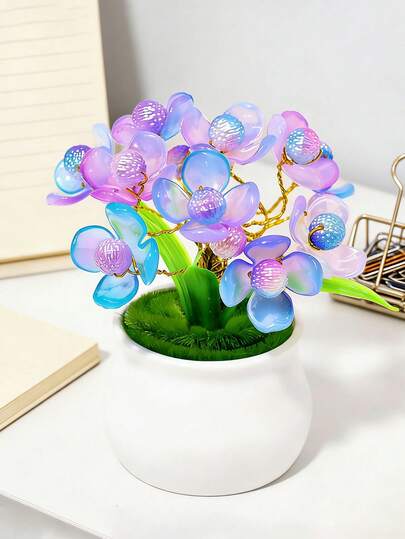 1pc Elegant Colorful Acrylic Flower Potted Plant, Handmade Artificial Flower, Suitable For Holiday Gatherings, Home & Office Desktop Decor