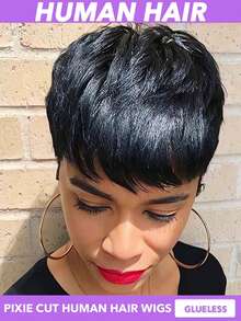 180% Density Human Hair Pixie Wig - 4 Inch Straight Pure Black Brazilian Human Hair Wig With Rose Net Cap, No Lace Front, Easy To Wear For Women Of All Ethnicities & Dark Brown, Quick Hairstyle, Sleek Hairstyle, Beauty Enhancement, Quick Hairstyle Change, Professional Hairstyle - Multicolor - View 4