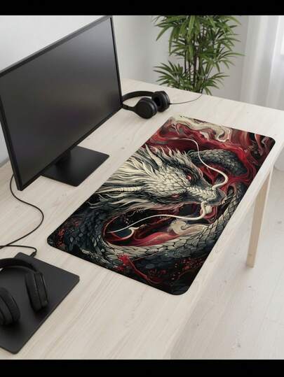 超大游戏桌垫兼鼠标垫 - 中国风红黑龙图案，水墨奇幻英雄风格，防滑橡胶底座，表面光滑，也可作键盘垫、桌垫或书架使用，适用于游戏玩家、办公室和宿舍，电脑、办公和游戏环境皆可使用，是送给游戏玩家的理想礼物，兼容鼠标和轨迹球。