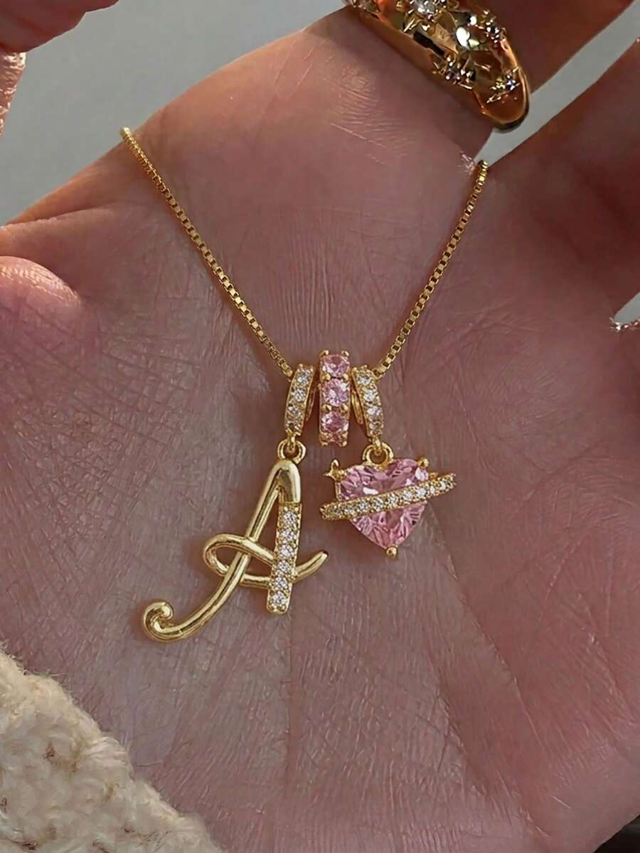 1pc Luxury Personalized Square Cubic Zirconia Handwritten Letter Pink Heart Pendant Gold Stainless Steel Necklace, Fashionable Gift Suitable For Girlfriend, Mom, Family, Friends, Daughter, Anniversary, Mother's Day, Birthday, Graduation, Daily Wear - Yellow Gold - View 1