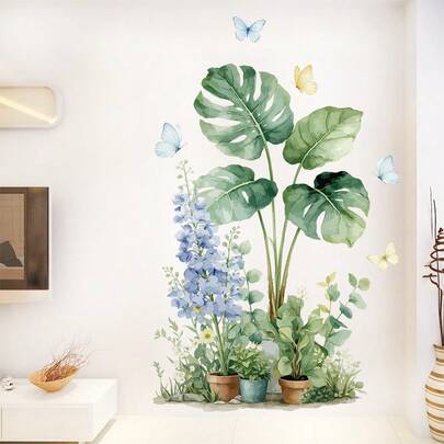 Juego de adhesivos de pared con plantas en maceta de acuarela, calcomanías de pared con estilo artístico de las flores Montara y Columbine, adhesivos decorativos impermeables y autoadhesivos para el baño, decoración de pared para la sala de estar y el dormitorio