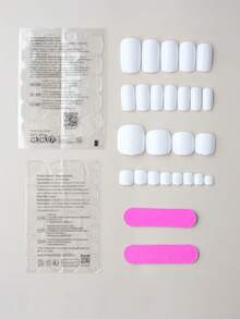 48pcs Square White Glossy Nail Stickers & Toe Stickers Set, Short Acrylic False Nails And Toenails, Solid Color Reusable, Suitable For Summer Holiday Decoration For Women And Girls - White - View 5