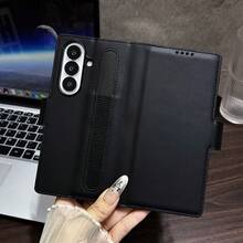 商务风PU皮革手机壳，磁吸翻盖设计，带笔槽，可折叠支架，全方位防摔保护套，兼容三星Galaxy Z Fold 7 Fold 6 - 黑色 - 查看 3