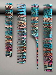 4pcs Hairstylist Graffiti Style Hair Brush Set, Professional Salon Haircutting Styling Comb For Long Hair Trimming And Shaping - Multicolor - View 3