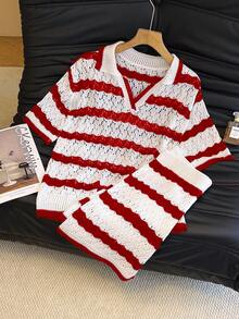 女士条纹 Polo 领短裤套装，时尚休闲宽松镂空薄针织度假两件套，春夏款 - 紅色 - 查看 4