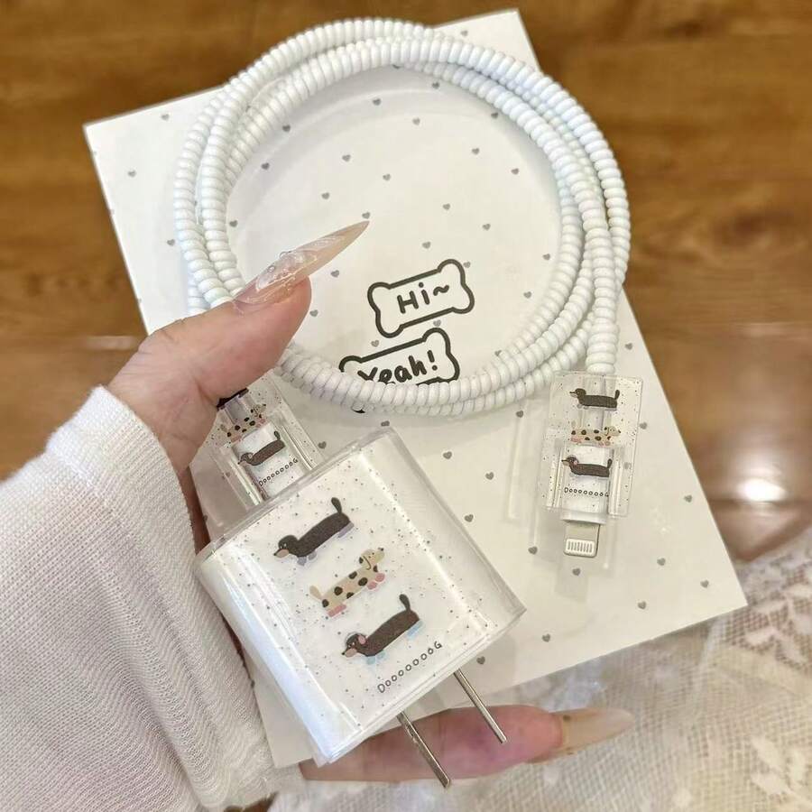 全新TPU充电器和数据线保护套套装，狗狗波点图案，耐用18/20W充电线保护套，防断裂数据线整理器，适用于 16/15/13/14充电器 - 彩色 - 查看 1