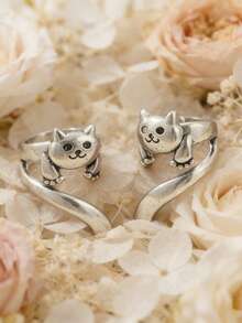 1 Pair Cute Retro Cat Clip-On Earrings, Creative Fashion Earrings, Perfect Daily And Festival Gift For Women - Antique Silver - View 3