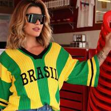 Brazil Crochet Blouse, World Cup Shirt, Brazilian National Team, Embroidered, Fits Sizes P To Plus Size, Premium Quality Material - Xanh lá và vàng - Xem 1