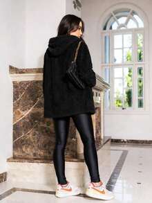 Women's Warm Plush Teddy Casual Jacket With Pockets - Autumn/Winter - 黑色 - 查看 2