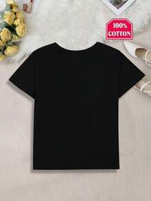 Camiseta Infantil Feminina Coelho Happy Camisa 100% algodão  Malha de Algodão Respirável com Gola Redonda e Letras Sutis, Leve para Fins de Semana e Looks Casuais para Meninos Lançamento - Preto - Visão 3