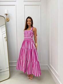 15 Striped All-Over Print Fabric Gathered Hem With Ruffle Wedding Dresses - Hot Pink - View 3