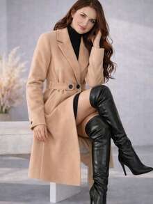 Women's Elegant Luxury La Batida Overcoat With Waist Belt, Autumn/Winter Style, For Women, Cold Weather Clothing, Brown, Black, Beige - 米色 - 查看 2