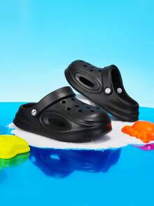 1 par de zapatos casuales con suela gruesa, transpirables y perforados para niños, de malla de unicolor ligera, con suela exterior de EVA antideslizante y duradera, adecuados para uso diario - Negro - Ver 6