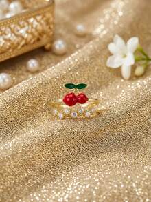 1 pieza Anillo abierto con forma de cereza chapado en oro de 18K, incrustado con circonita, adecuado para niñas jóvenes, madres, maestras, estilo bohemio, esencial para playa de verano, viajes, fiestas, carnaval/graduación, baile/fiesta/accesorio diario, joyería dorada, regalo de vuelta al colegio/cumpleaños - Dorado - Ver 5