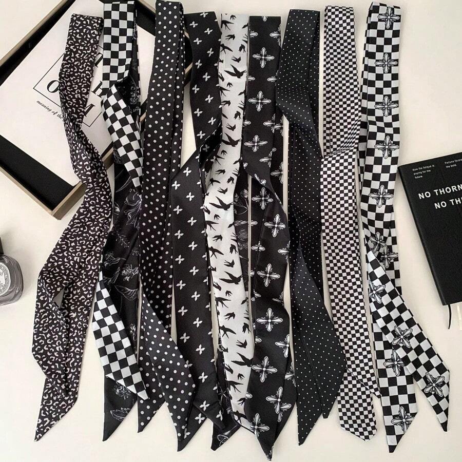 2/6/9条装黑白高端时尚140厘米长围巾，ins风窄围巾，女士围巾，波点格纹丝带发带，发带/腰带