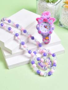 3件套女孩礼物 - 紫色卡通蝴蝶软硅胶表带儿童石英模拟手表，创意学生腕表，儿童项链手链首饰套装 - 紫色 - 查看 7