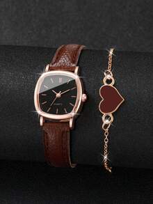 Set de 2 piezas: Reloj de pulsera de cuarzo elegante para mujer con esfera cuadrada y esfera pequeña + Pulsera con dije de corazón (Caja de reloj no incluida) - Marrón - Ver 3