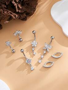 7pcs Stainless Steel Butterfly & Water Drop Navel Rings Set, Classic Belly Button Piercing Jewelry With Shiny Zirconia Stones, Suitable For Daily Wear - Silver - View 4