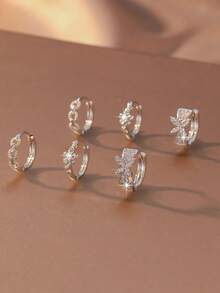 6 件套铜锆石简约优雅耳环套装，多元素耳环圈时尚百搭珠宝母亲节礼物 - 銀色 - 查看 10