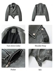 Women's Faux Leather Cropped Jacket Lapel Zipper Biker Short Bomber Moto Coat With Belt - Faded Gray - View 7