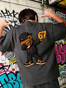 Tween Boy Casual Graphic Print Crew Neck Short Sleeve T-Shirt, Summer Top - Dark Grey - View 1