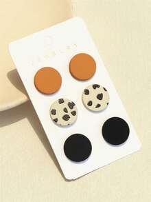 3 Pairs/1 Card Women's Deep Orange Polka Dot Print Ceramic Texture Personalized Round Acrylic Earrings - Multicolor - View 3