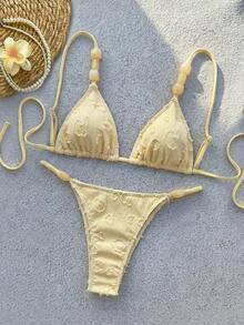 Bikinx Casual Cute Women's Bikini Set With Textured High Stretch Fabric Beaded Spaghetti Strap And High Cut Bottom Tie Back Details - Yellow - View 1